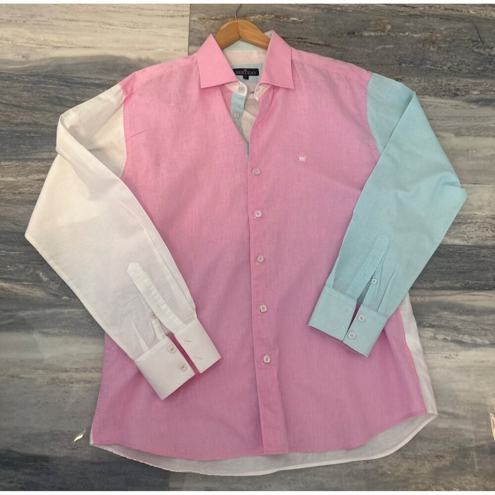 Bertigo Mens Colorblock Button-Up Shirt Pink/Blue/White Cotton S